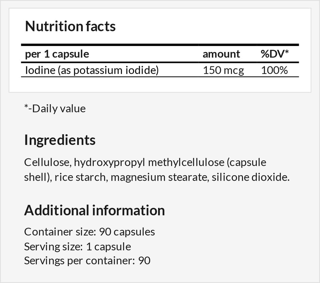 Potassium Iodide 150 mcg לכל קפסולה - 90 קפסולות טבעוניות - 3 חודשים אספקה - for Optimal Gland Function and Energy Metabolism - דיאטה תוספת של ההגמוניה של אפולו