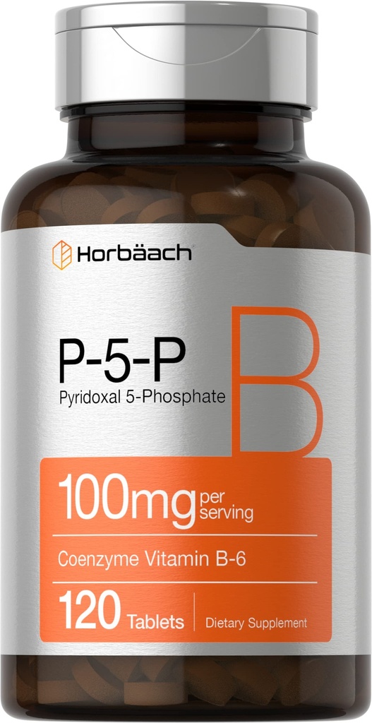 Horbäach P5P הפעיל ויטמין B6 100 מ"ג | 120 טבליות | תוספת צמחונית, non-GMO, Gluten Free | Pyridoxal 5 Phosphate | Coenzyme B6