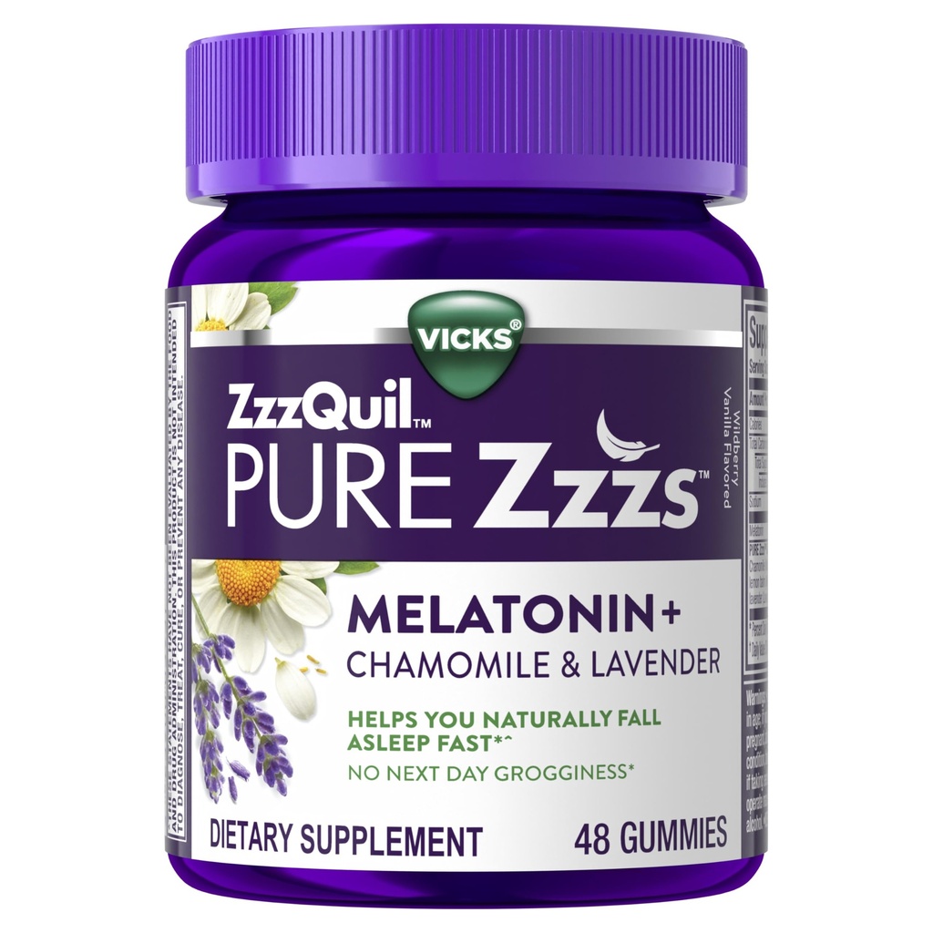 ZzzQuil Pure Zzzs Melatonin Gummies, Sleep Aid, Melatonin 2 מ"ג, עם Chamomile & Lavender, Melatonin Sleep Gummies, Sleep Aids for Adults, Wildberry Vanilla Flavored, 48 חניכיים שינה