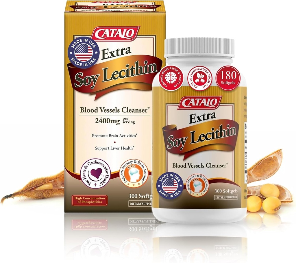 CATALO תוספת Soy Lecithin קפסולות - Blood Vessel Health, Brain Function ו- Liver Wellness - Soy Lecithin תוסף למבוגרים, 300 Softgels