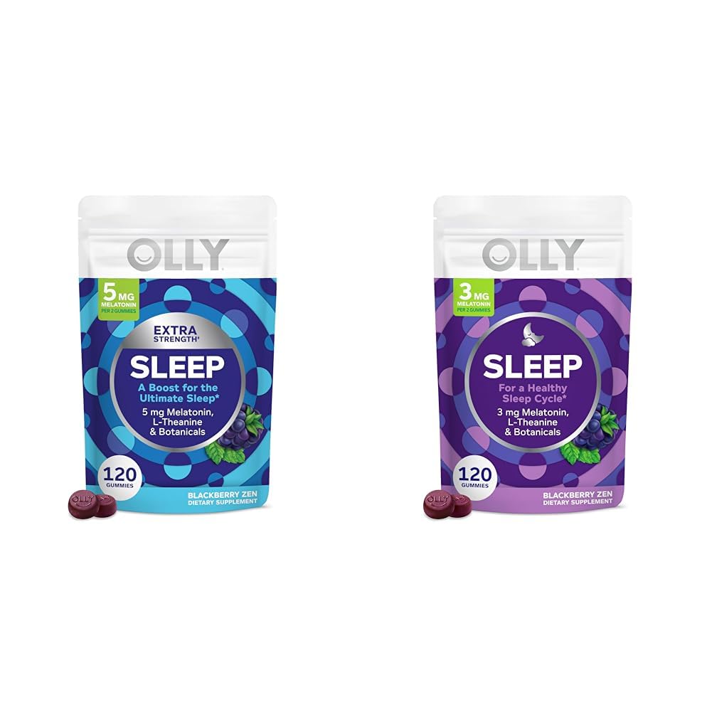 OLLY תוספת כוח (5 מ"ג) וכוח קבוע (3 מ"ג) מלטונין חניכיים עם L-theanine, 120 BlackBerry Flavor