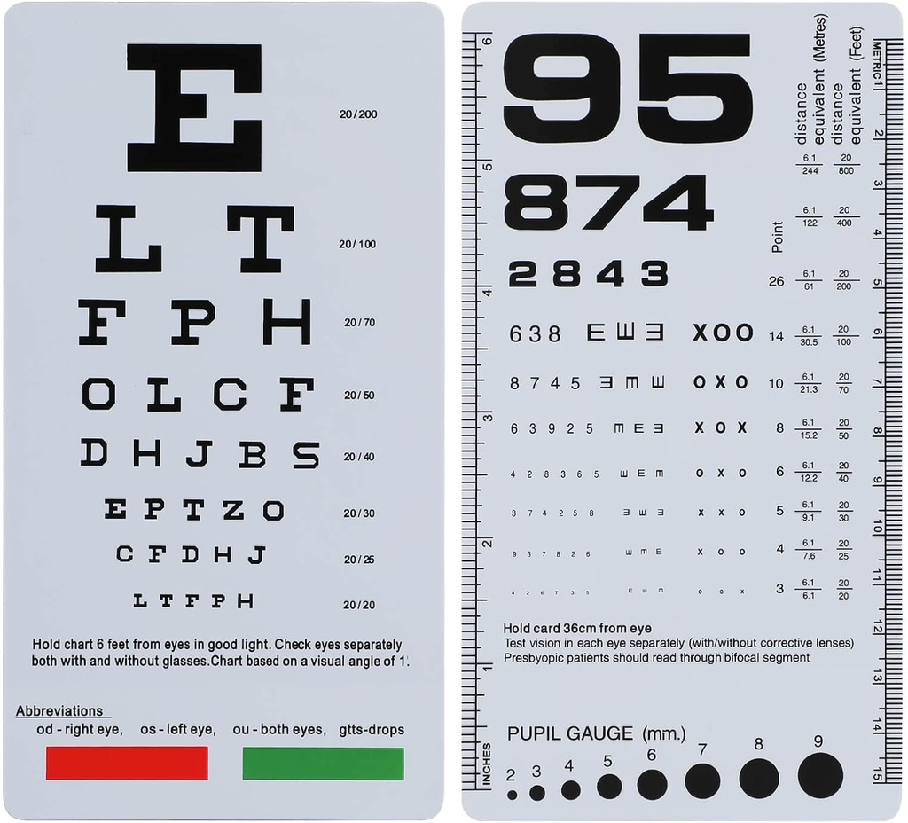 NOYOC 2 Pack Pocket Eye Chart, 2 in 1 Snellen & Rosenbaum Chart, 6.5x3.5 Inches, Handheld Double Sided Plastic Low Vision Card for Eye Exams (2 Pack 6 Feet)