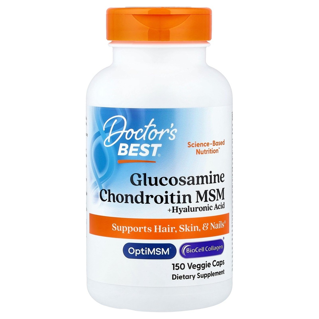 Doctor's Best Glucosamine Chondroitin MSM + Hyaluronic Acid עם OptiMSM כולל Biocell Collagen, תמיכה משותפת, non-GMO, Gluten & Soy חינם, 150 Caps