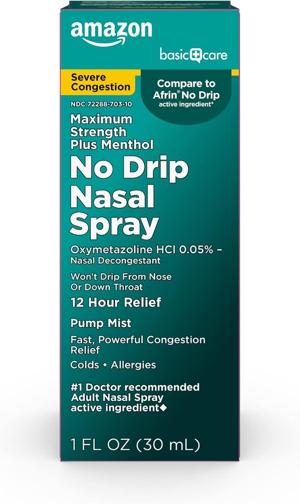 טיפול בסיסי No Drip Severe 12 Hour Nasal Decongestant Pump Mist, Steroid חינם, כוח מקסימלי פלוס Menthol 1 oz (Pack של 1)