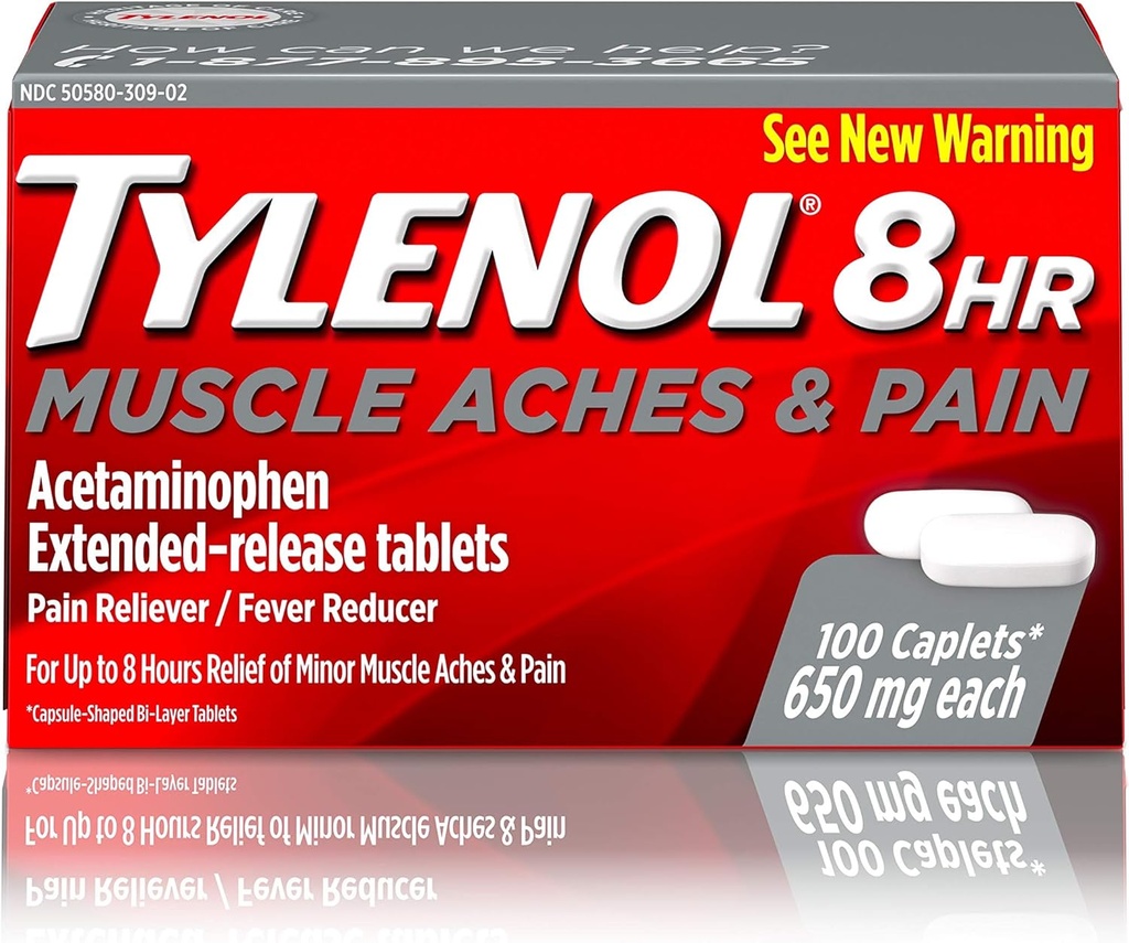 Tylenol 8 Hour שריר Aches & Pain Acetaminophen טבליות עבור שריר וכאב משותף, 100 ct