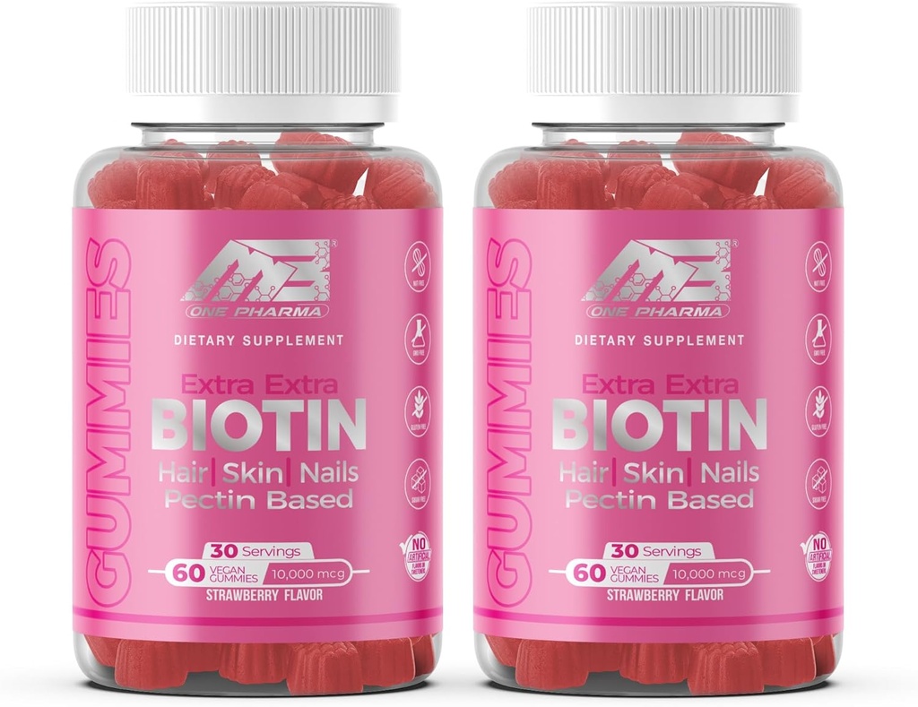 MB One biotin Gummies-High Potency-Healthy שיער, עור וציפורים חיזוק, ויטמין B7, (10000 Mcg) Non-GMO, Pectin Plant Based, עבור ילדים ומבוגרים, Strawberry טבעי פלאדור 2 Pack