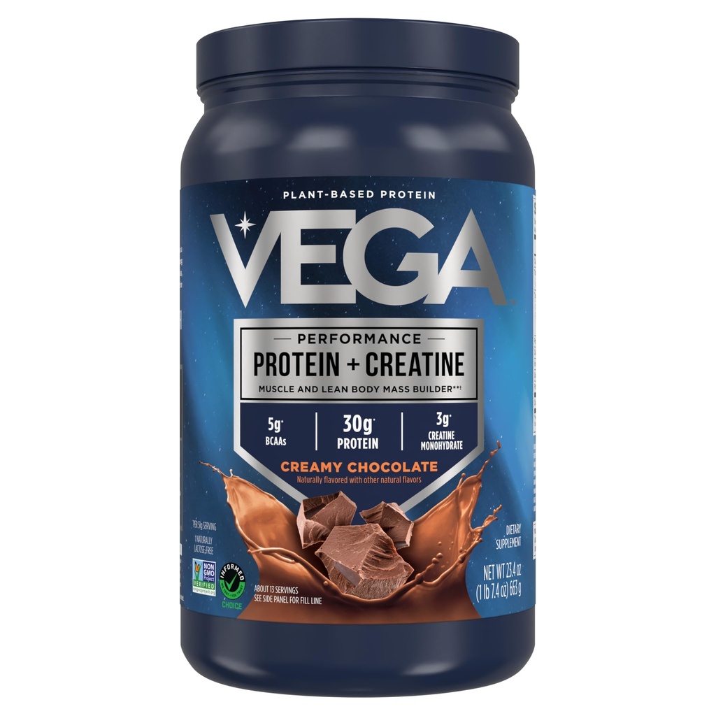 חלבון וגה + Creatine - 30g צמחי מבוסס חלבון, שוקולד, 13 משרתים, 3g Creatine, 5g BCAAs, טבעוני, Keto, Gluten חינם, חלב, נמוך Carb, עבור צמיחה שרירים ותיקון, לשתות לערבב, 23.4oz, 23.4oz
