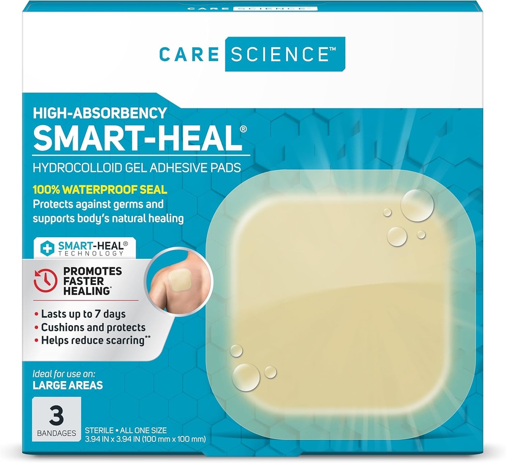 Care Science Smart Heal Hydrocolloid Bandages, אקסטרה גדול | 100% חסימת מים (4 in x 4 in, 3CT)