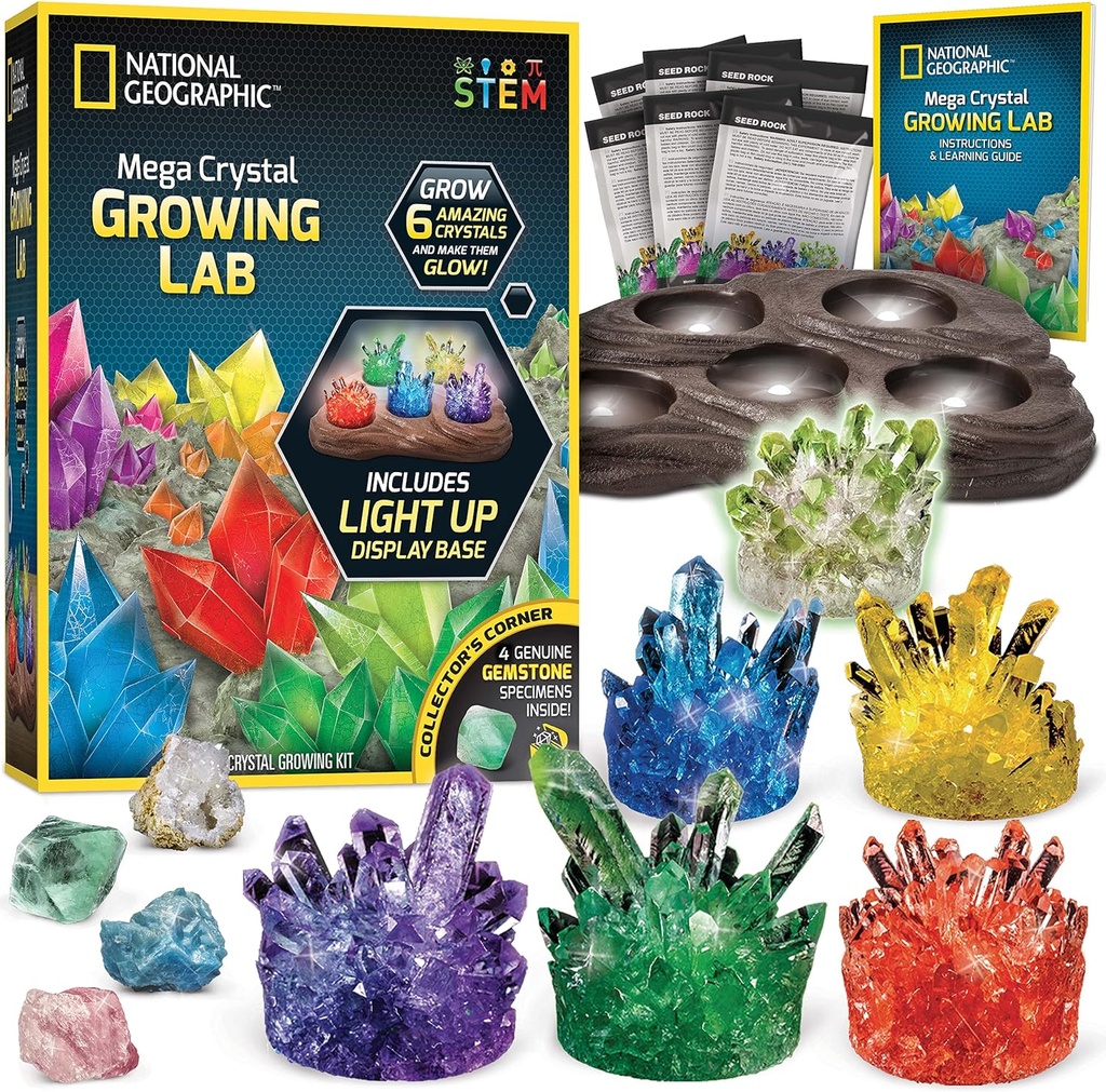 National Geographic Mega Crystal growth Kit - Grow 6 Crystals with Light-Up Stand, Science Gifts for Kids 8-12