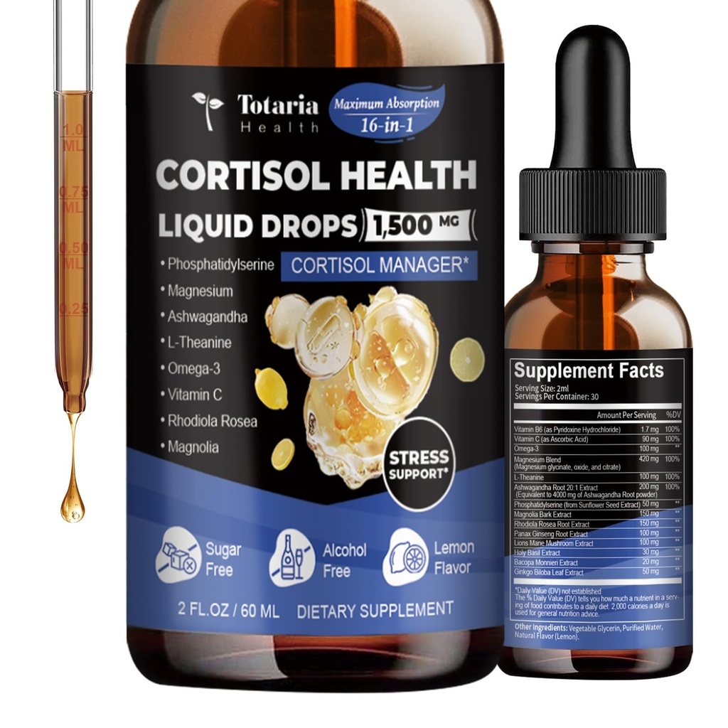 Totaria cortisol תוספת נוזל טיפות איזון לנשים עם Magnesium Complex,Ashwagandha,Rhodiola Rosea,L האננין, Phosphatidylserine תוספי Mood, Focus, Sleep Support 2 FL.OZ