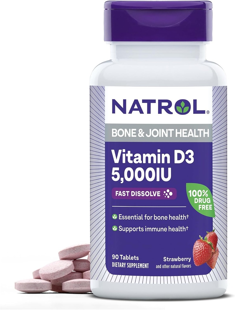 Natrol Fast Dissolve ויטמין D3 5,000 IU, תוסף תזונה עבור העצם ובריאות משותפת, תוסף תמיכה העצם, 90 טבליות, 90 יום אספקה