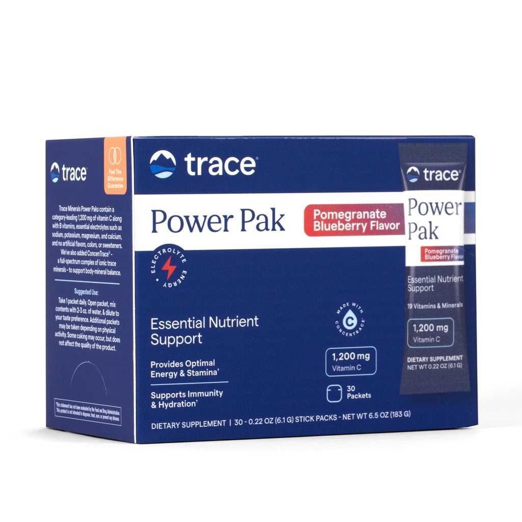 Trace מינרלים Power Pak Multivitamin ו- Multimineral Packets - תמיכה אלקטרוליטית - 1200 מ"ג ויטמין C Plus 70 Pomegranate Blueberry Flavor - 30 Packets