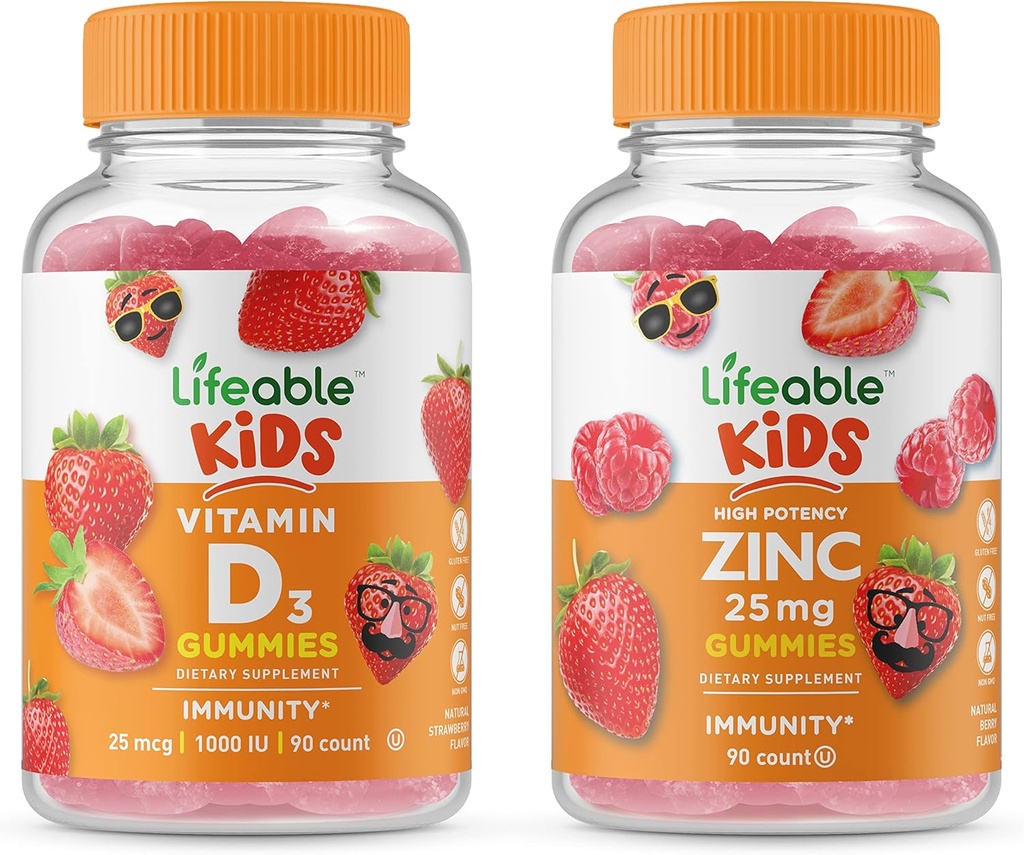 Lifeable Zinc 25 מ"ג ילדים + ויטמין D ילדים, חניכיים בונדלה - גדול Tasting, ויטמין תוסף, Gluten Free, GMO חינם, Chewable Gummymy