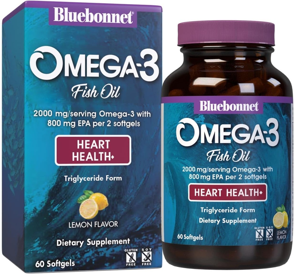 Bluebonnet Nutrition אומגה 3 Heart Formula Natural Wild תפסה את Triglyceride טופס DHA 600 מ"ג EPA 800 מ"ג - Highly Concentrated Heart Health Support - 60 Softgel