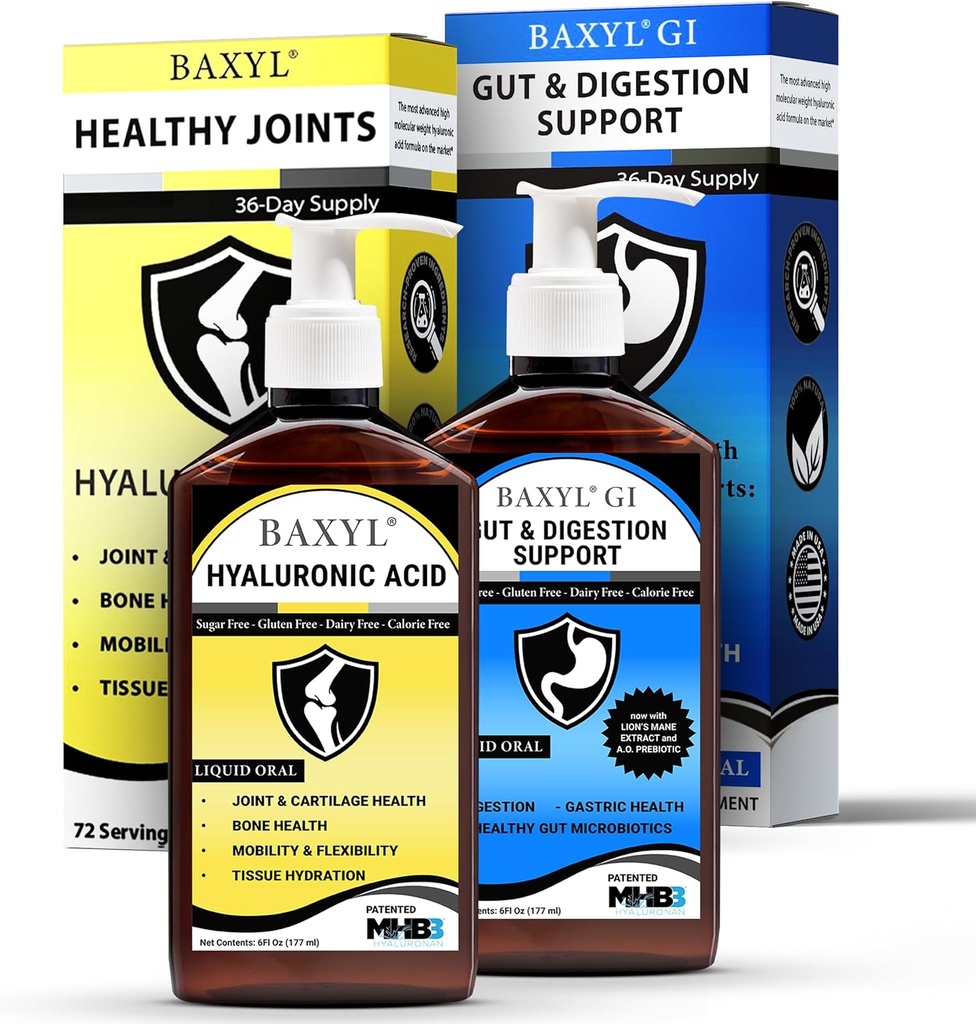 BAXYL & BaxylGI Bundle Pack - (6 fl oz כל אחד) - תוסף משותף Hyaluronic Acid & Hylarunonan Amaferm Prebiotic.