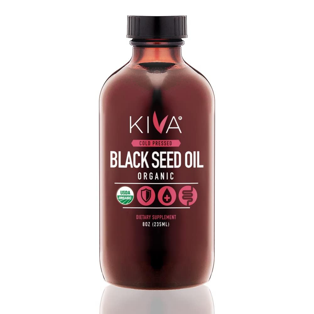 Kiva Organic Black Seed Oil - Ultra High 3X Thymoquinone (TQ), Cold-Pressed, 100% טורקי Nigella Sativa שמן, All-Natural non-GMO - תוספת טבעונית, 8 oz (235 מ"ל) זכוכית בקבוק זכוכית