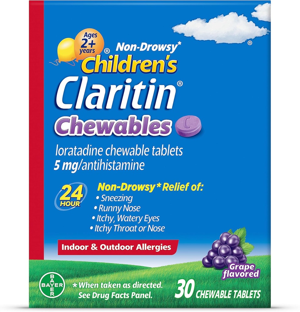 הילדים של קלרייטין צ'וויד 24 Hour Allergy Relief, Non Drowsy Kids Allergy Medicine, Grape Antihistamine Chewable Tablet, 30 Count