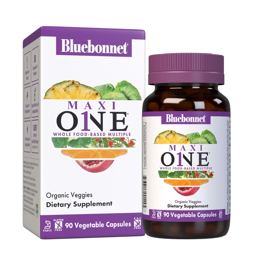 Bluebonnet Nutrition Maxi One (עם ברזל), Whole Food Multiple, Enzymes, Energy, Vitality, Gluten-Free, Kosher, Vegetarian Friendly, Soy-Free, Non-GMO, 90 קפסולת ירקות, 3 חודשים אספקה, Beige