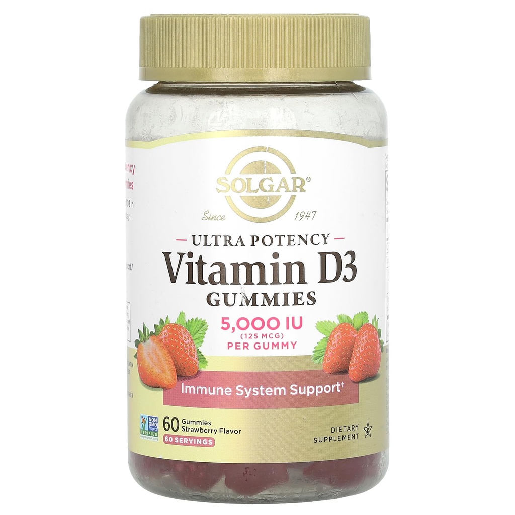 Solgar ויטמין D3 חניכיים למבוגרים 5,000IU Ultra Potency ויטמין Immune System Support for Women & Men - Tasty Strawberry Flavor, Gluten & Gelatin Free Gummy, 2 חודשים אספקה, 2g סוכר, 2g סוכר
