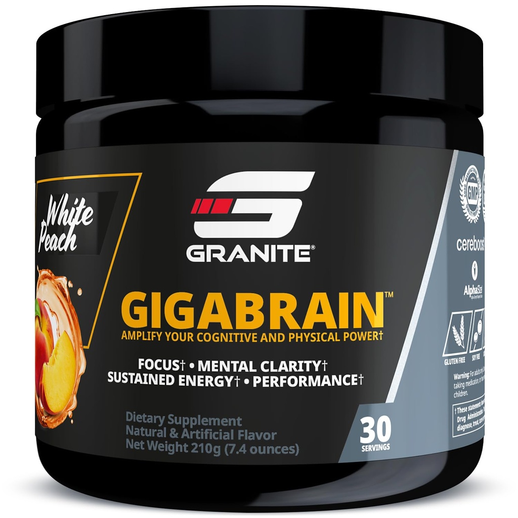 גרניט תזונה GigaBrain Nootropic אנרגיה אבקה - Cereboost, Alpha-GPC & ElevATP - תוסף מיקוד קוגניטיבי עבור אנרגיה וביצועים - White Peach, 30 משרתים