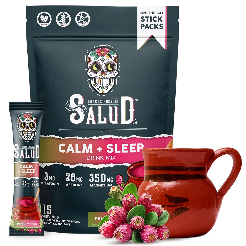 Salud 2-in-1 Sleep Aid + Calm Drink Mix, Prickly Pear Flavor, Melatonin, Magnesium, Saffron Extract, L-theanine, Non-GMO, Gluten Free, Vegan, Low Calorie, 1g of Sugar (15 משרתים)