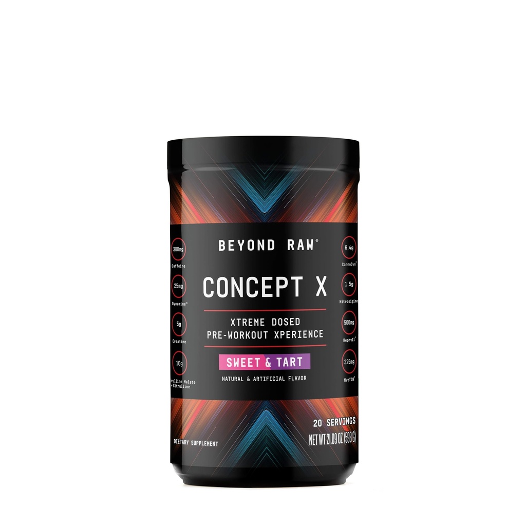 BeYOND RAW Concept X, Clinically Dosed Pre-Workout אבקה מכיל קפאין, L-Citrulline, Creatine, Beta-Alanine, Sweet & Tart Flavor, 20 משרתים