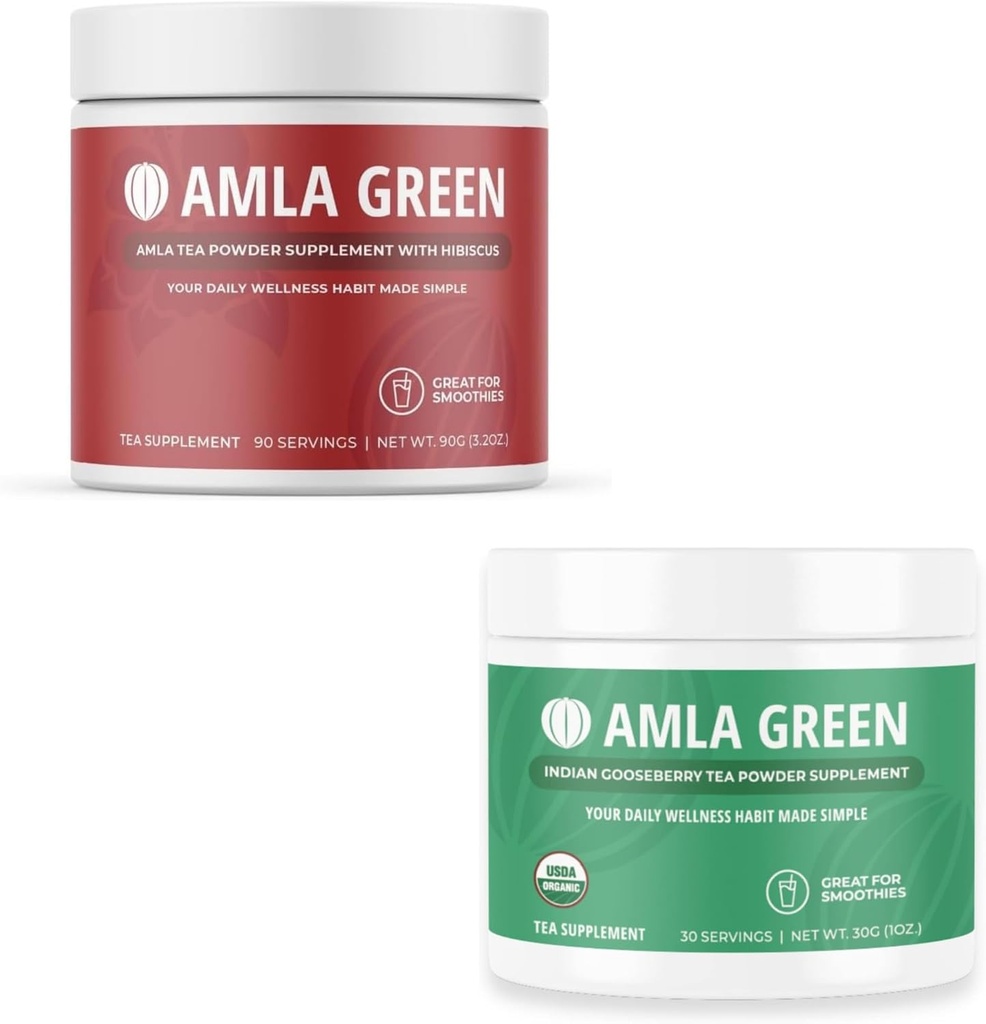 Amla אבקה & Green Tea Superfood תוספת, תמיכה אנטי-חמצן, מיוצר עם Hibiscus (90 משרתים) וגוזיות הודיות (30 משרתים), אורגני, טבעוני