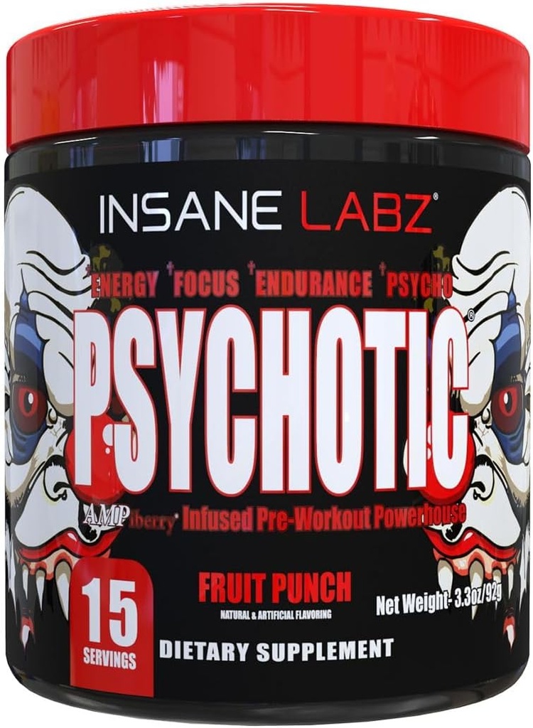 Insane Labz Psychotic, High Stimulant Pre Workout אבקה, אנרגיה מתקדמת, להתמקד אנדורנס עם Beta Alanine, Creatine Monohydrate, DMAE, 15 Srvgs, פירות