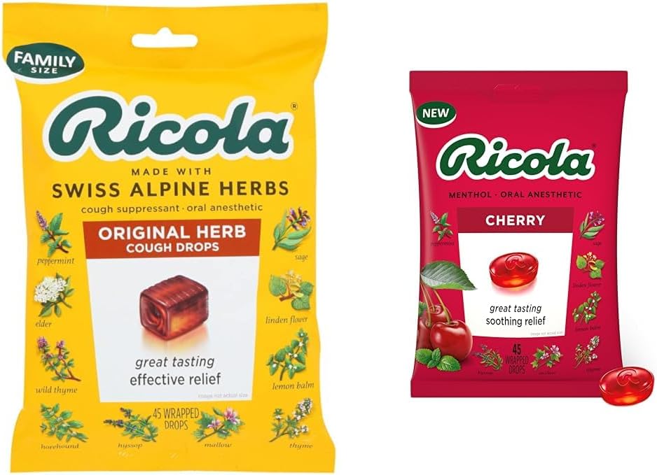 Ricola Original Natural Herb Cough Suppressant גרון טיפות, 45 טיפות, להילחם Coughs באופן טבעי, Soothes גרון, באופן טבעי הקלה סוופינג צ'רי טיפות, 45 ספירה