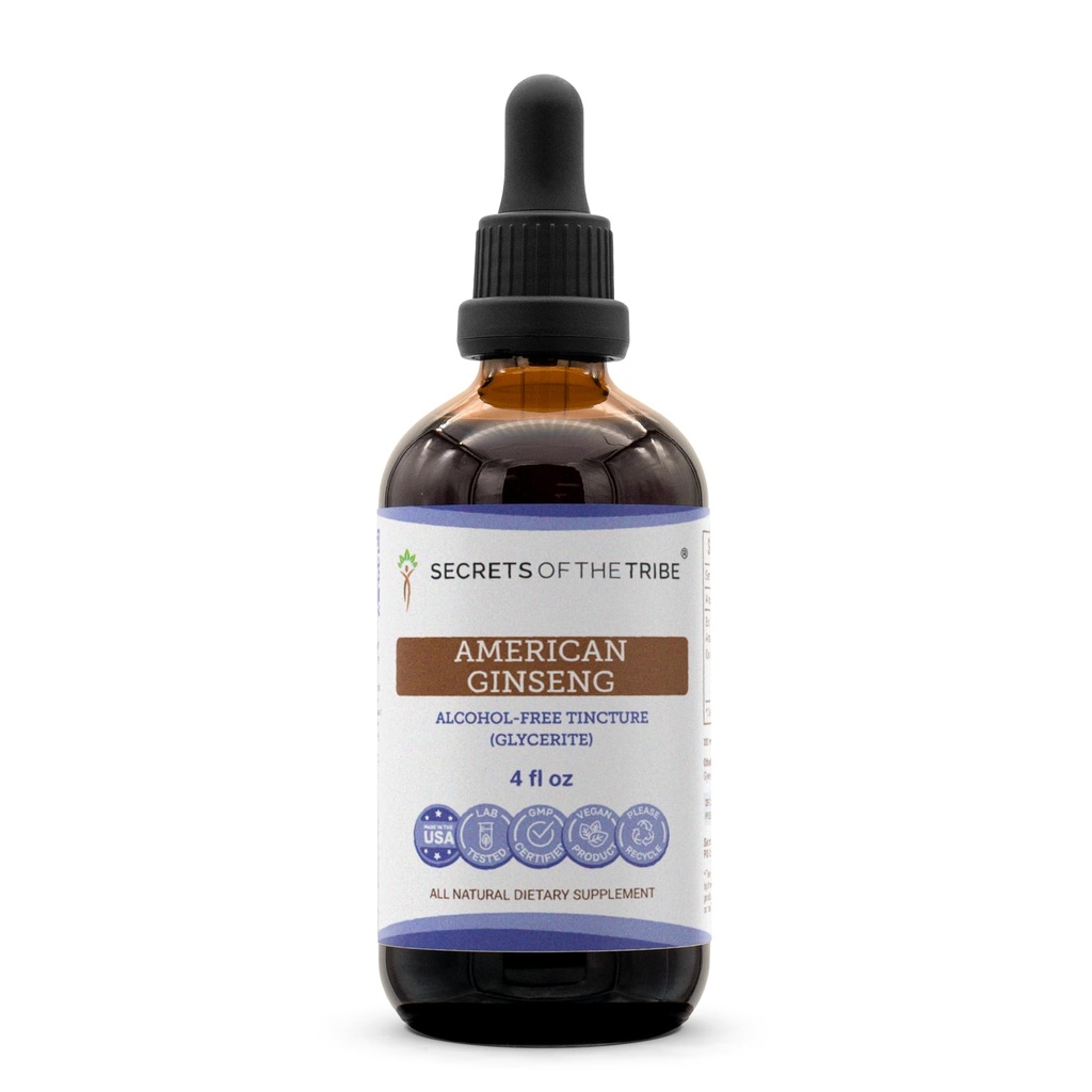 סודות של השבט האמריקאי גיינסנג Tincture אלכוהול ללא תשלום, Farm Grown American גינזנג (Panax Quinquefolius) Dried Root Tincture תוסף (4 FL OZ)