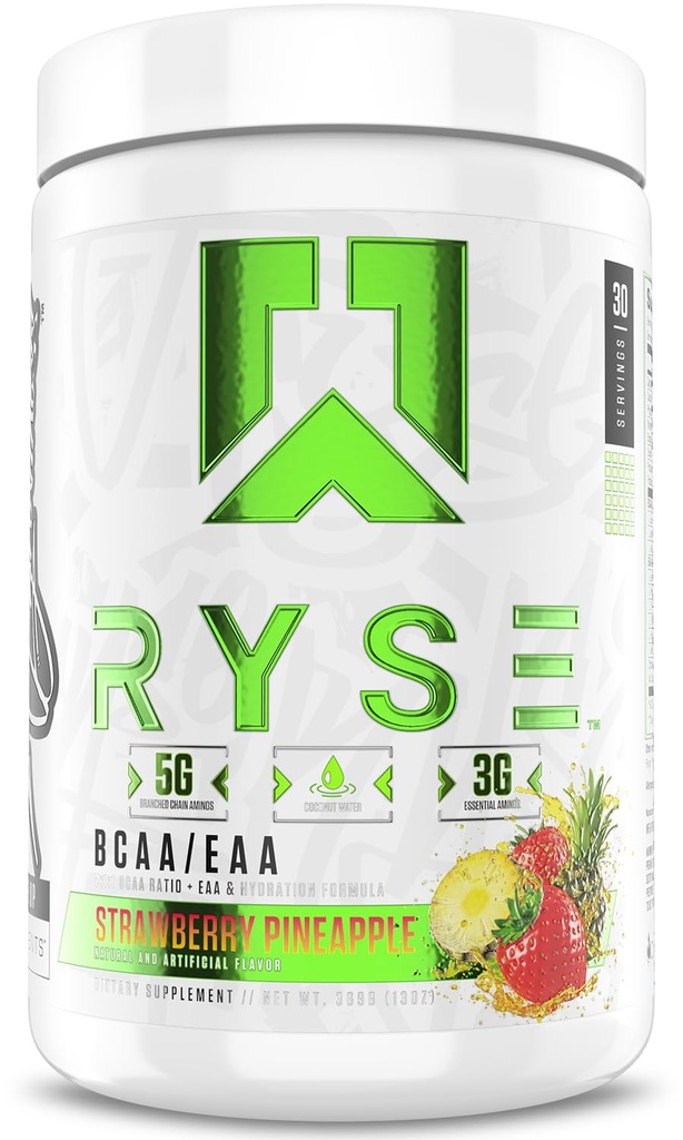 RYSE BCAA EAA אבקת - Strawberry Pineapple - 5g Branched שרשרת Amino Acids, 3g Essential Aminos, MD-Free Electrolytes for Pre & Post Workout שריר התאוששות, הידרה וכוח - 30 משרתים