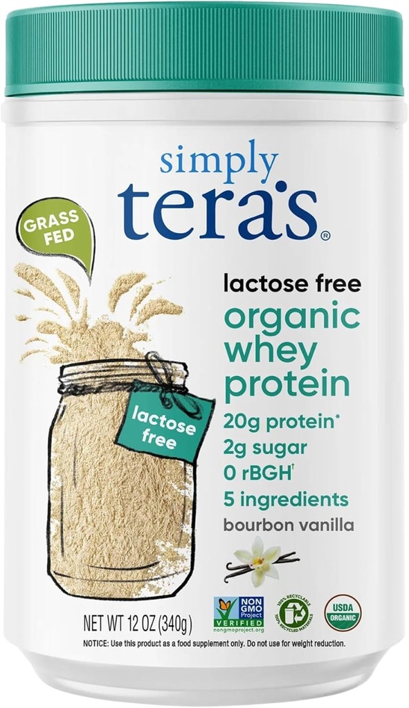 פשוט של tera's Lactose חינם אורגני אבקת חלבון hey - Lactose חינם, Vanilla, 20g של חלבון Per המשרת, non-GMO, Gluten-Free, rBGH-Free, כשר - 12 Oz.