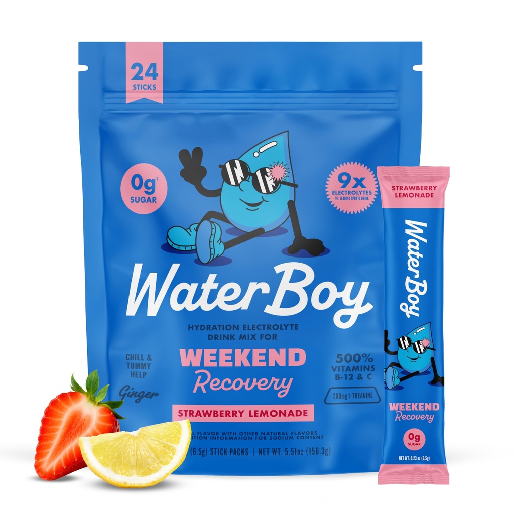 Waterboy Weekend Recovery | 3,200 מ"ג אבקת Packets | ג'ינג'ר + L-theanine + ויטמינים | No Sugar, All Natural, Gluten Free | 24 משקאות Stick Mixes (Strawberry Lemonade)
