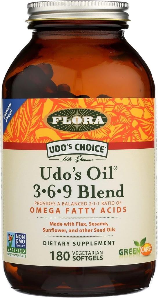 פלורה Udo's Oil 3-6-9 - מכיל קוקוס אורגני, Flax Seed Oil & More - 180 Vegetarian Softgels