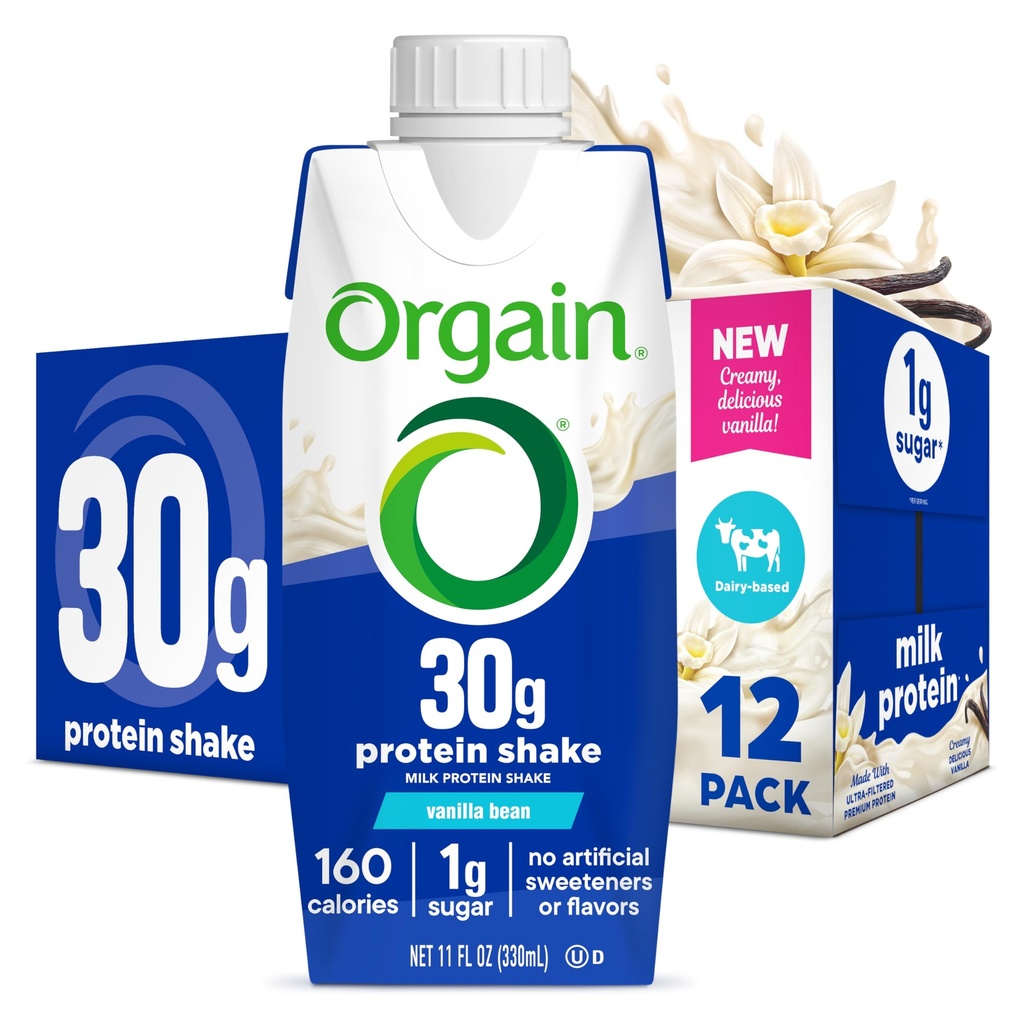 Orgain 30g גבוה חלבון שקד, חלב Isolate חלב חלבון, Vanilla Bean, 5g BCAAs, 1g Sugar Per משרת, Mealחליף, מוכן לשתות, Keto Friendly, Gluten-Free 11 Fl Oz (Pack של 12)