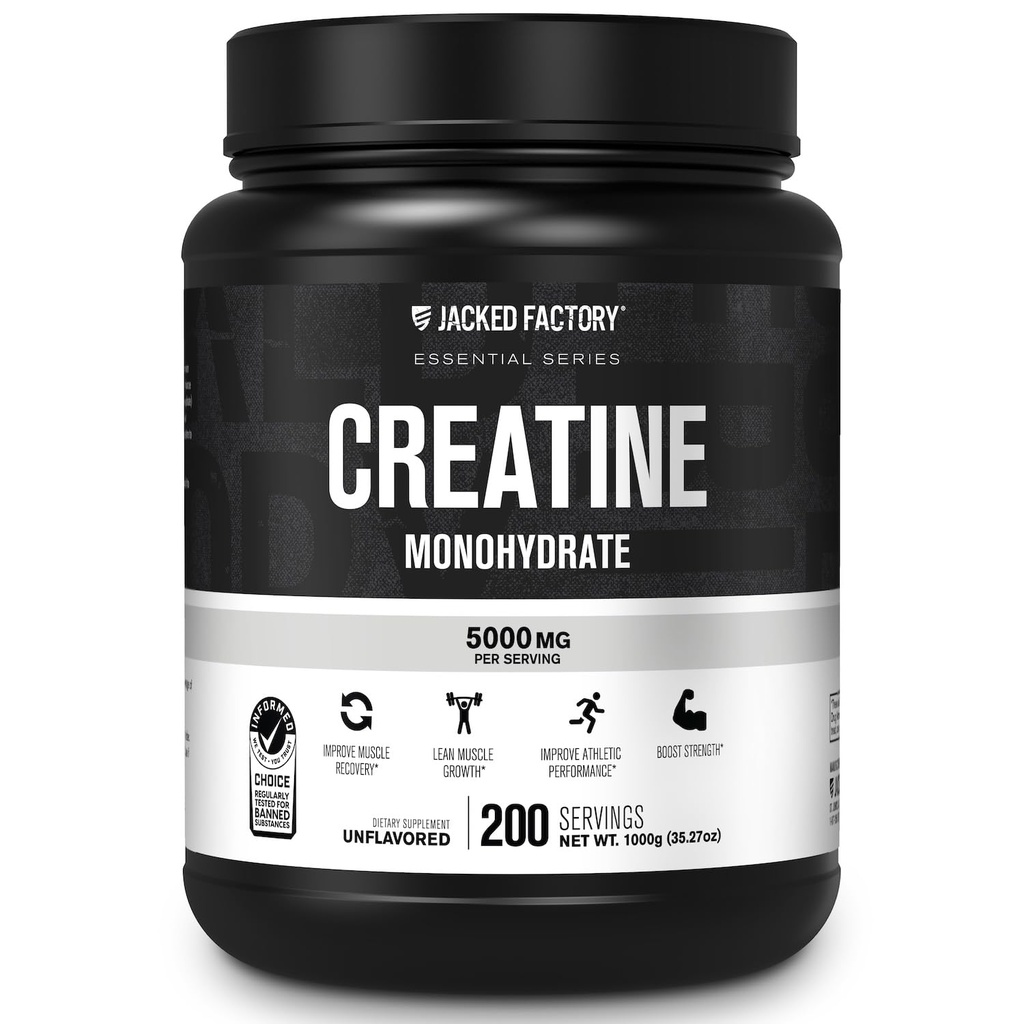 Jacked Factory Creatine Monohydrate אבקת 1000g - 5g Daily Creatine תוסף עבור גברים ונשים, טבעוני-ידידותי, צד שלישי נבדק - 200 משרתים, Unflavored
