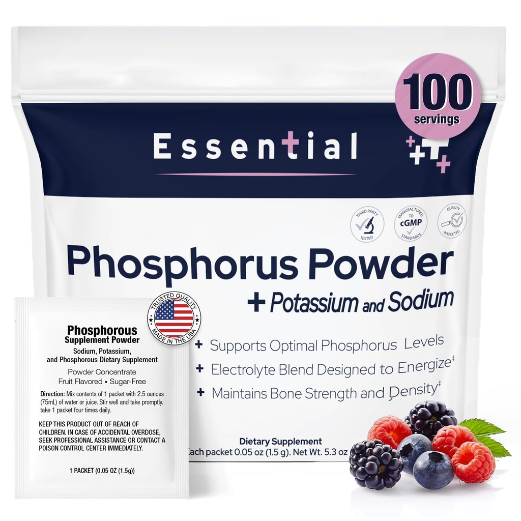 תוספי Phosphorus 100 Packets, אבקת תוספי תזונה עם Sodium Phosphate ו- Potassium Phosphate, פירות פלפורה אבקת תוספי מזון עבור אלקטרוליטה, בריאות העצם וקידני בריאות