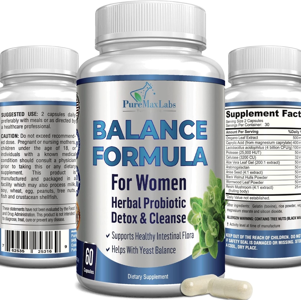 תרכובת איזון עבור נשים - לבריאות Vaginal, Herbal Detox & ניקוי, Vaginal Probiotics, תומך פלורה משפטית בריאה, עוזר עם זיהומים Yeast 60 קפסולות