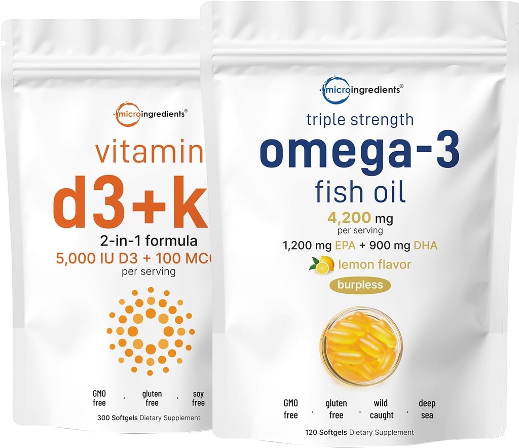 מיקרו Ingredients ויטמין D35,000יו + K2 100mcg Softgels & אומגה 3 שמן דגים 120 Softgels Bundle 2 Pack | Essential Sunshine ויטמיניםs