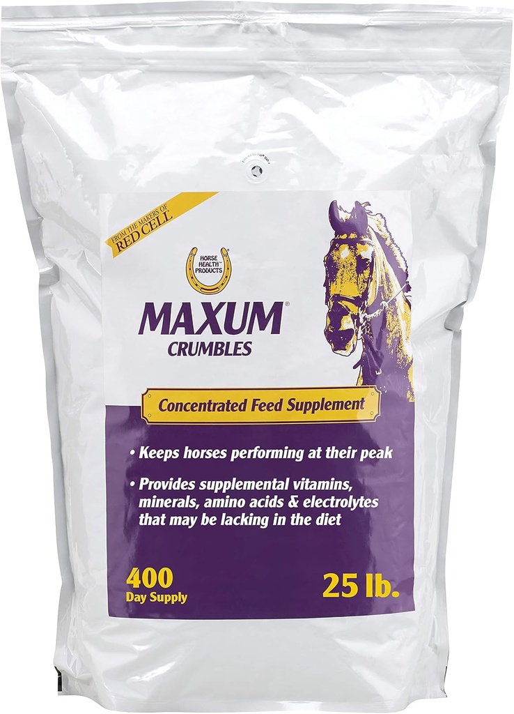 בריאות הסוסים Maxum Crumbles ריכוז תוספי מזון עבור סוסים, מספק מגוון רחב של חומרים מזינים Beneficial עבור היום של Equine Athlete 25 פאונד