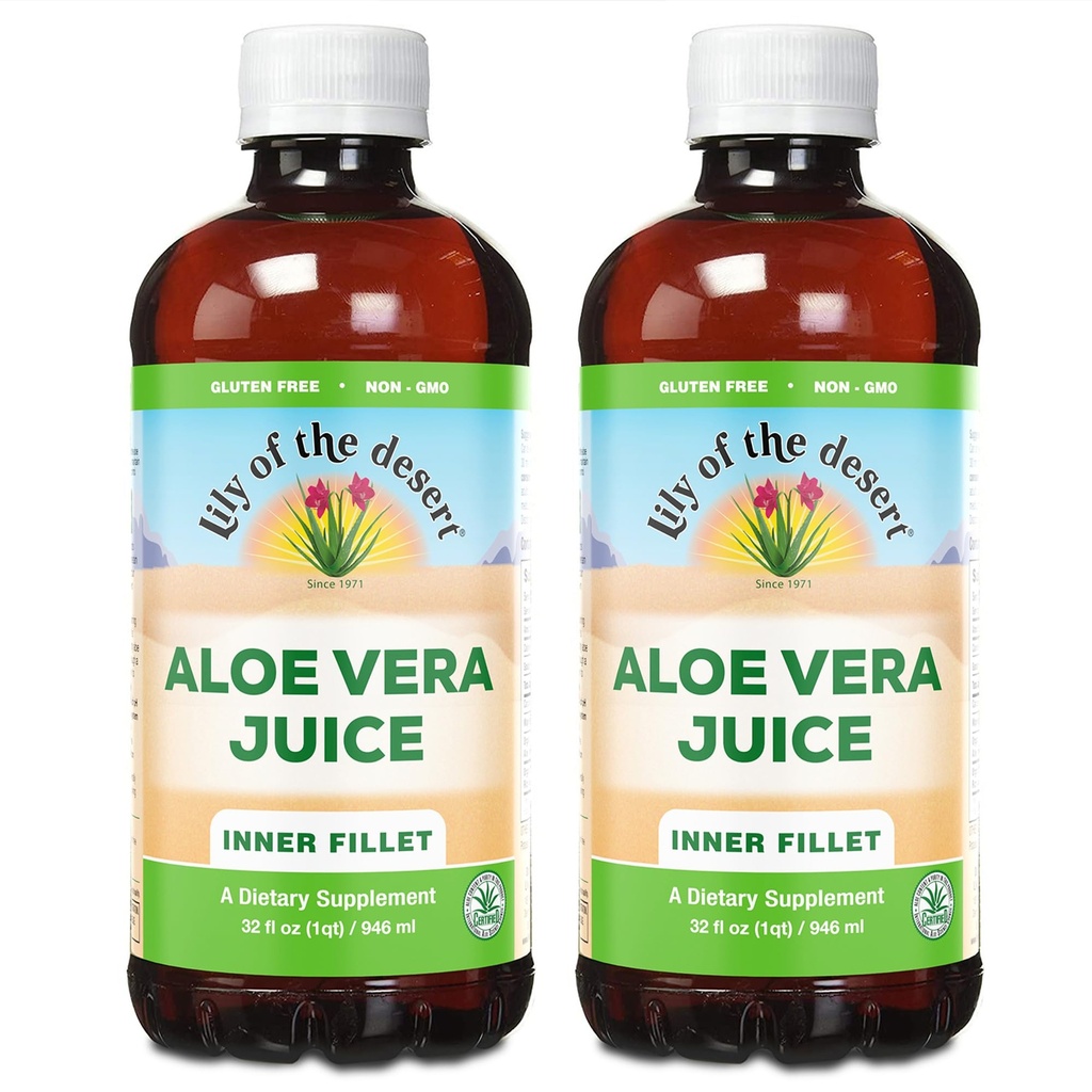 לילי של המדבר אורגני Aloe Vera Juice 2Pack - Inner Fillet, Natural Gut & Digestive Support, Stomach Relief, 32 Fl Oz Ea