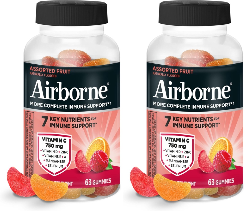 ויטמין C750 מ"ג (per Serve) - חניכיים פירות Assorted (63 Count in a Bottle), Gluten-Free Immune תמיכה תוספת עם ויטמין C E, Selenium (Pack of 2)