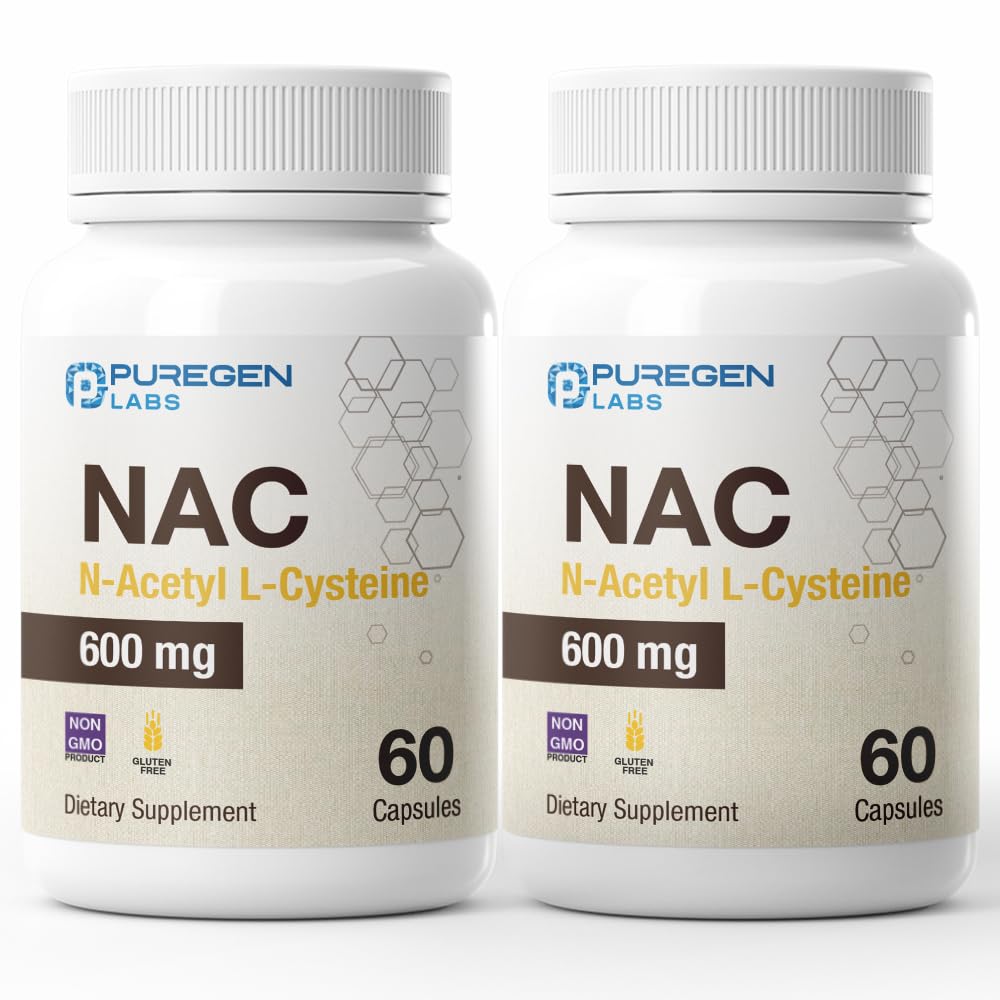 Puregen Labs N-Acetyl-L-Cysteine (NAC) 600 מ"ג, תומך Immune, Respiratory, Liver Health, NAC 600 מ"ג, תמיכה נוגדת חמצון, Free-radicals, Easy to Absorb - 120 קפסולות Veggie Total, Total Veggie