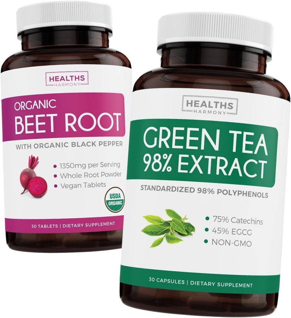 Beet Root & Green Tea Extract (-Week Supply) Beet & Tea Power Mix - אורגני Beet Root with Black Pepper for Absorption 1250 מ"ג (30 טבליות) & Green Tea Extract 98% עם EGCG 1000 מ"ג לשרת (30 כובעים)