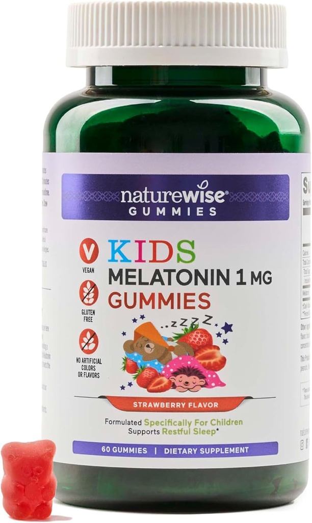 Naturewise ילדים מלטונין מסטיקנים 1 מ"ג - תרופות חינם, לא-Habit טפסים שינה עזרה לילדים בגילאי 4 & Up - Strawberry Flavored Gummy Bears - טבעוני, Gluten Free, non-GMO - 60 Count[2-Month Supply אספקת]