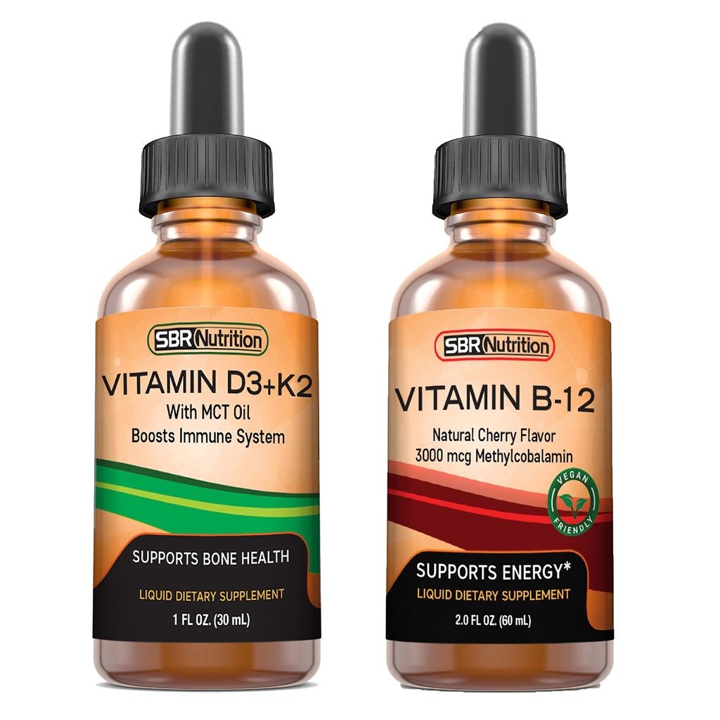 SBR Nutrition D3+K2 ו B12 Bundle ויטמין D3K2 (MK7) טיפות נוזלים, Peppermint 1oz | ויטמין B 3000mcg Drops, 2oz | למבוגרים ולילדים