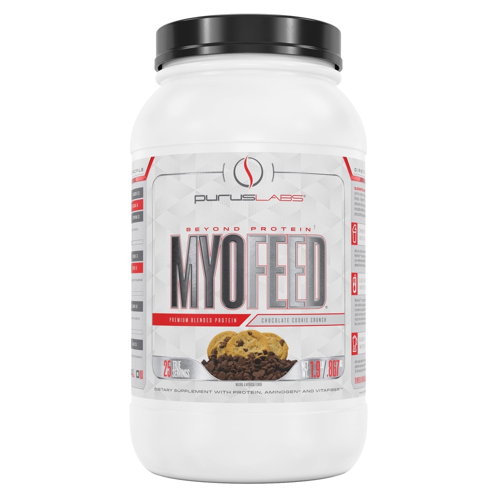 Purus Labs Myofeeded חלבונים | Ultrafiled Whey Isolate & Concentrate | Solublefi & Digestive Enzymes | 25 משרתים (Chocolate Cookie Crunch)