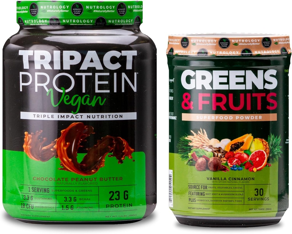 Nutrology Greens & פירות אבקה-Naturly Sourceed Superfood, Vanilla Cinnamon (30 משרתים) אבקת חלבון טבעוני TRIPACT, Butter אורז (20 משרתים)