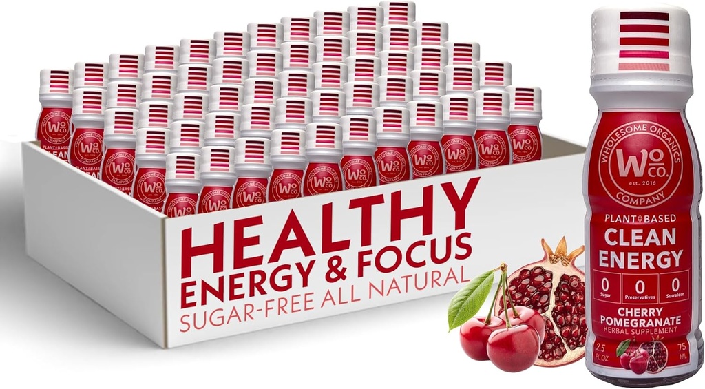 Wholesome Organics - Sugar Free Energy Shots Another Power & Healthy Energy Drinks - Plant-based Energy Supplements w/Vitamin B12 Lion's Mane & Yerba Mate - Cherry Pomegranate Flavor 48 Pack