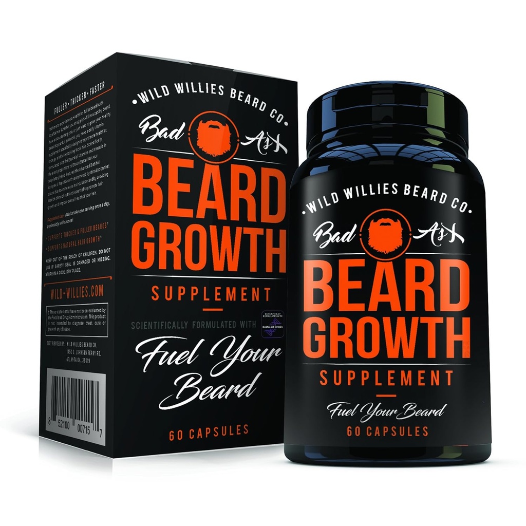 Manskape Co Beard Growth ויטמינים לגברים על ידי וויליס פרוע - באופן טבעי צמיחת שיער מהירה יותר - 60 קפסולות עם biotin - Grow a Thicker, Fuller Beard ו- Mustache Today